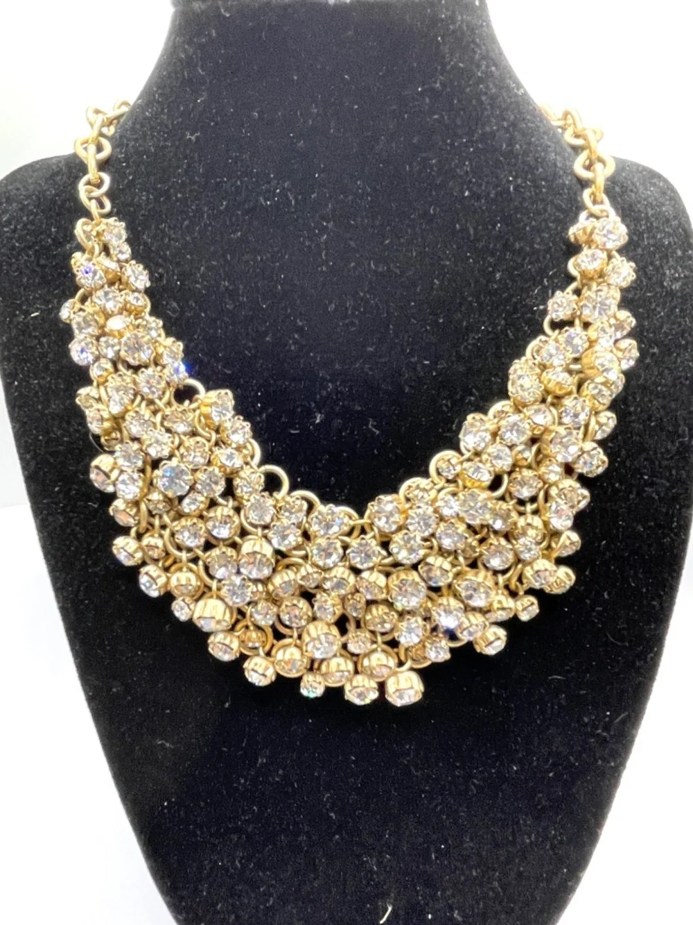 Vintage J.Crew Matte Gold Tone Mesh Rhinestone Bib Necklace Rare